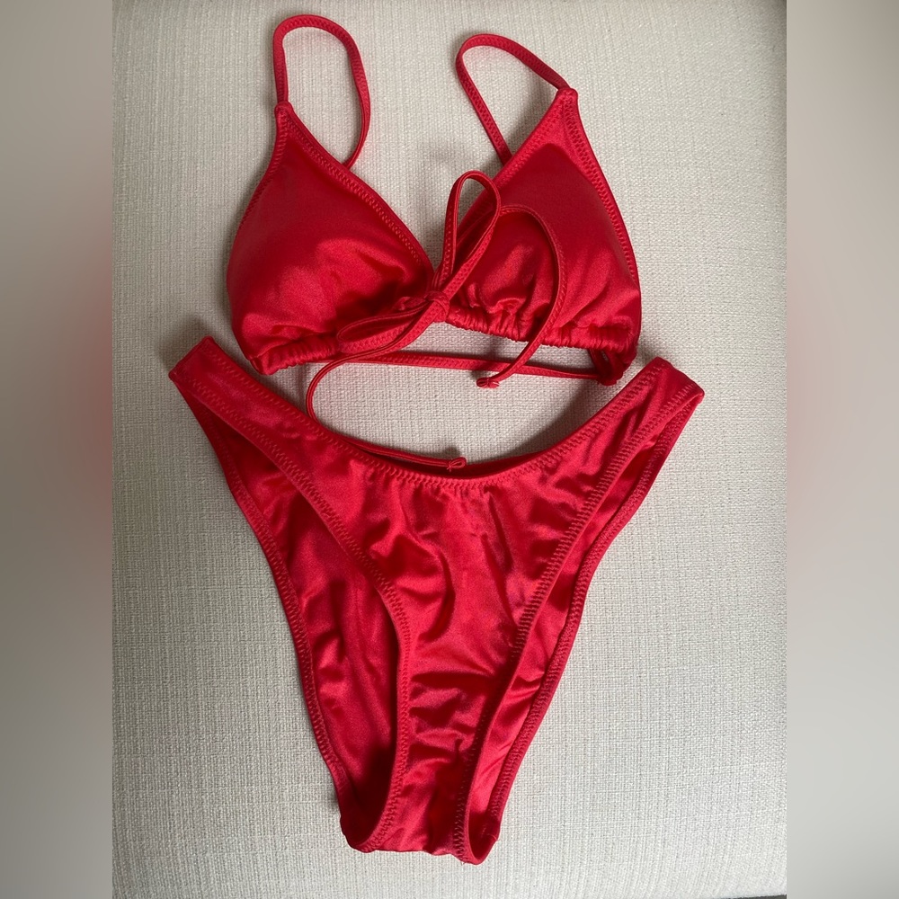 LA Hearts by PacSun Pink Tess Shine Tie Front Triangle Bikini